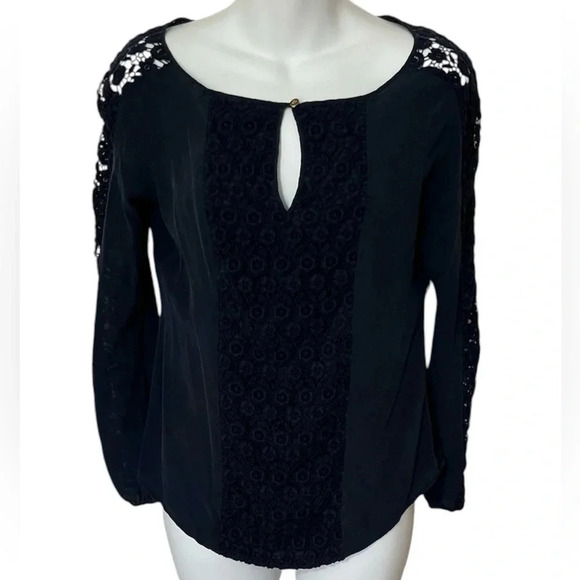 Tory Burch | Navy Silk Blouse with Crochet - Picture 1 of 5